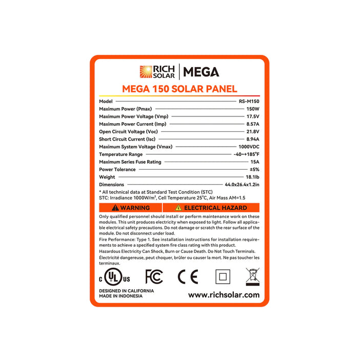 Rich Solar MEGA 150 | 150 Watt Solar Panel | Lightweight 12V Off-Grid Solar Panel for RVs, Cabins, Boats | 25-Year Output Warranty | UL Certified