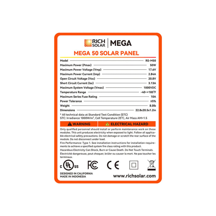 Rich SolarMEGA 50 | 50 Watt Solar Panel | Compact 12V Off-Grid Solar Panel for Boats, Vans, Trailers | 25-Year Output Warranty | UL Certified