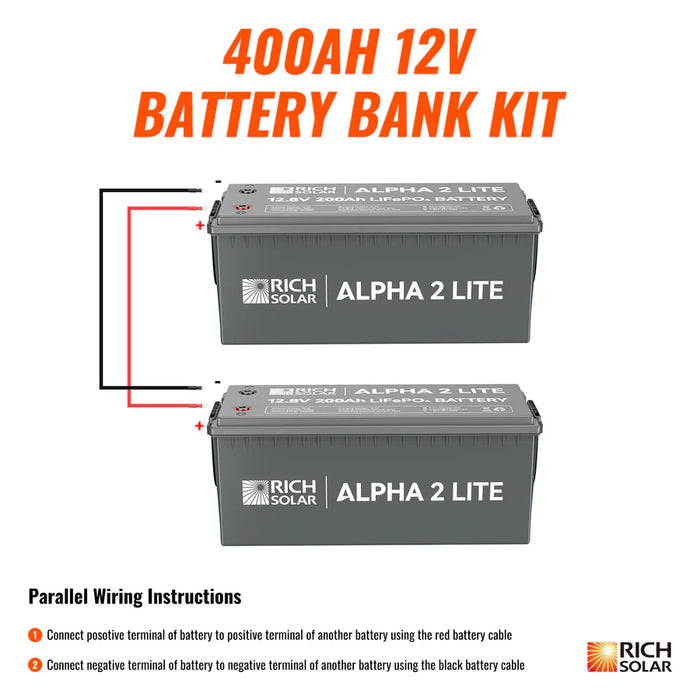 Rich Solar 400Ah 12V LiFePO4 Off-Grid Battery Kit | 5.12kWh Deep Cycle Lithium Battery Bank | Powerful 400Ah Battery Kit for RVs, Trailers, Cabins, Campers, Vans, Off-Grid | 2 X ALPHA 2 LITE in Parallel