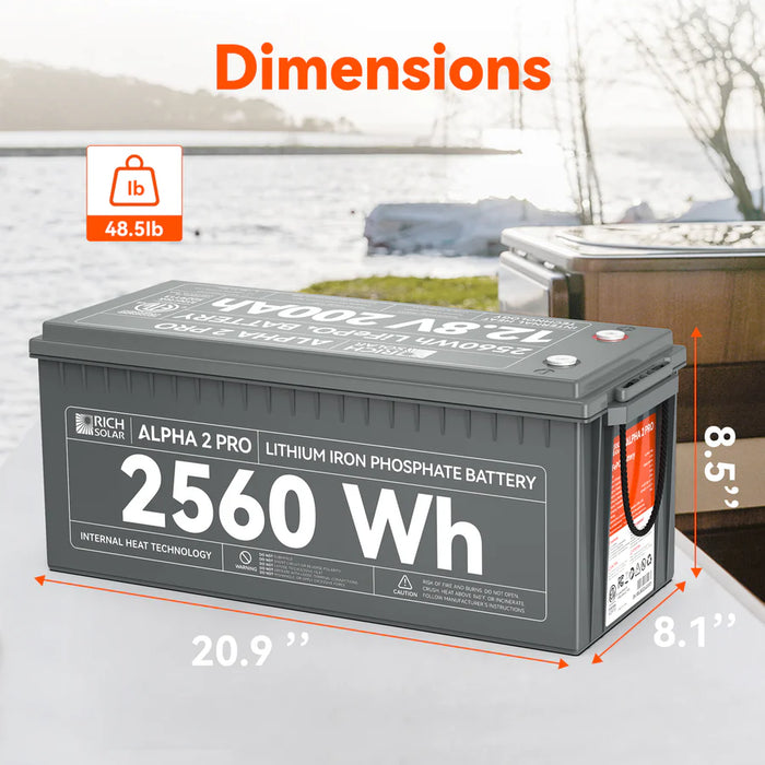 Rich Solar ALPHA 2 PRO | 12V 200Ah LiFePO4 Battery | Premium 12V Lithium Battery for RVs, Cabins, Tiny Homes | 7,000 Lifetime Cycles | 10 Year Warranty | UL1973 Certified