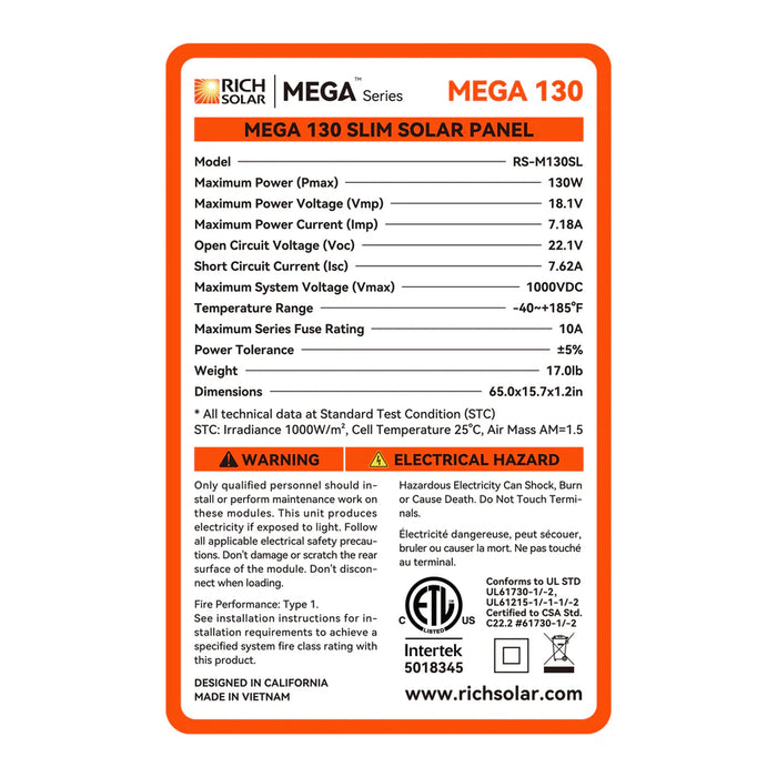 Rich Solar MEGA 130 SLIM | 130 Watt Slim Solar Panel | Compact 12V Narrow Panel for Vans, Campers, Boats | UL Certified BACKORDER