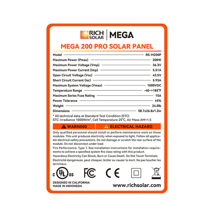Rich Solar MEGA 200 PRO | 200 Watt 24 Volt Solar Panel | Premium 24V Off-Grid Solar Panel for RVs, Trailers, Cabins | 25-Year Output Warranty | UL Certified