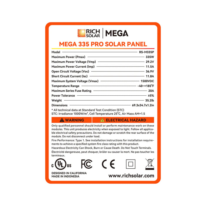 Rich Solar MEGA 335 PRO | 335 Watt Solar Panel | Premium Grid-tie or Off-grid Solar Panel for Residential, Commercial, Agriculture | 25-Year Output Warranty | UL Certified