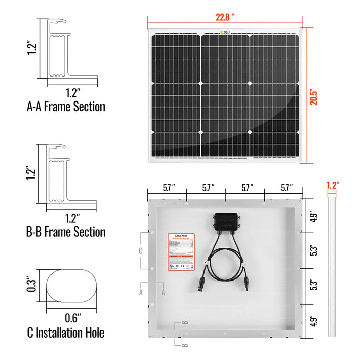 Rich Solar MEGA 50 | 50 Watt Solar Panel | Compact 12V Off-Grid Solar Panel for Boats, Vans, Trailers | 25-Year Output Warranty | UL Certified