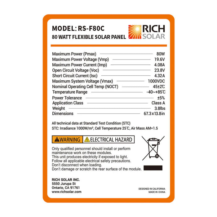 Rich Solar MEGA 80 FLEX | 80 Watt CIGS Flexible Solar Panel | Premium 12V Flexible Panel for Vans, RVs, Boats | Final Sale