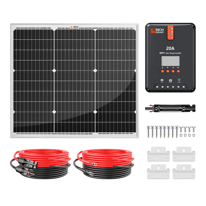 Rich Solar 50 Watt Solar Kit | Includes 50W Solar Panel + 20A MPPT Solar Controller + Wires and Brackets | DIY Complete Solar Kit without Batteries