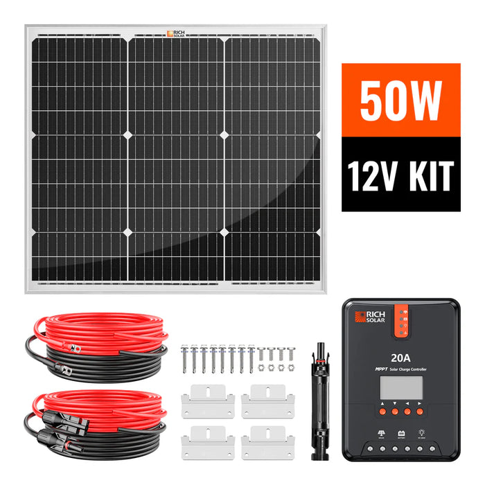 Rich Solar 50 Watt Solar Kit | Includes 50W Solar Panel + 20A MPPT Solar Controller + Wires and Brackets | DIY Complete Solar Kit without Batteries