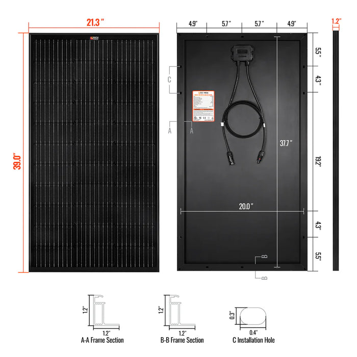Rich Solar MEGA 100 | 100 Watt Solar Panel | Premier 12V Off-Grid Solar Panel for Vans, Campers, Boats | 25-Year Output Warranty | UL Certified