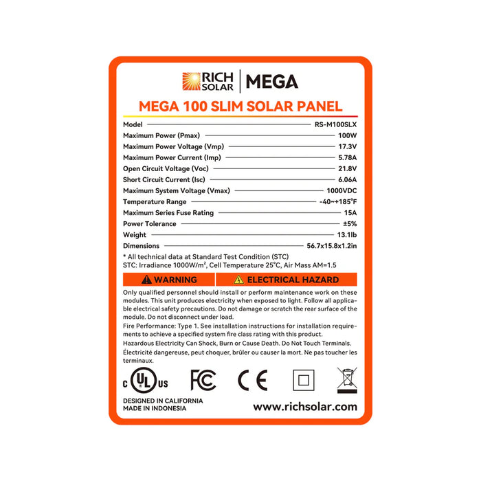 Rich Solar MEGA 100 SLIM 2025 | 100 Watt Slim Solar Panel | Compact 12V Off-Grid Narrow Solar Panel | 25-Year Output Warranty | UL Certified