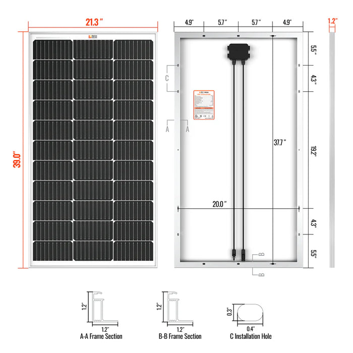 Rich Solar MEGA 100 | 100 Watt Solar Panel | Premier 12V Off-Grid Solar Panel for Vans, Campers, Boats | 25-Year Output Warranty | UL Certified