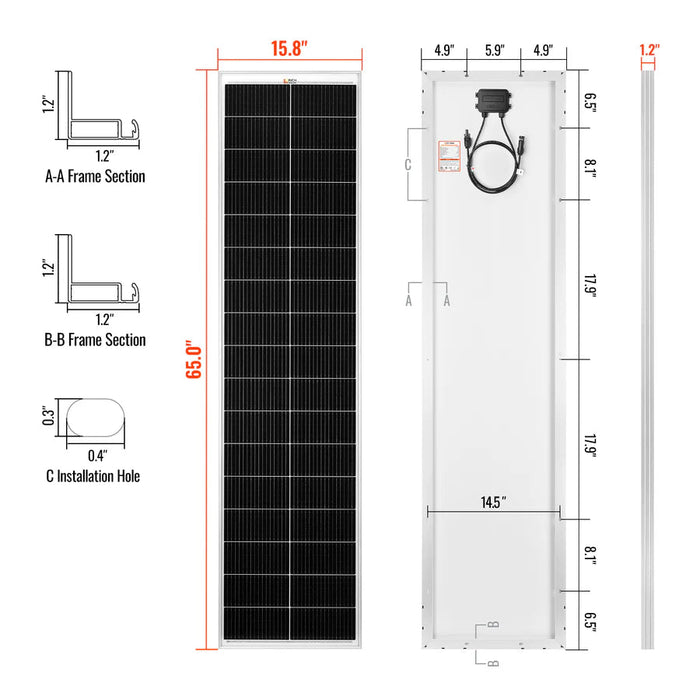 Rich Solar MEGA 130 SLIM | 130 Watt Slim Solar Panel | Compact 12V Narrow Panel for Vans, Campers, Boats | UL Certified US Solar Shop