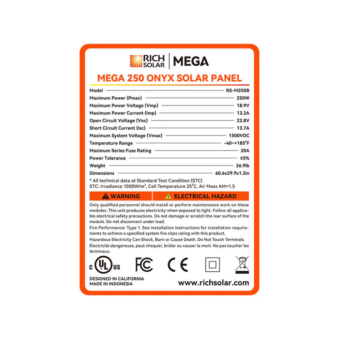 Rich Solar MEGA 250 | 250 Watt Solar Panel | Premier 12V Off-Grid Solar Panel for RVs, Vans, Boats | 25-Year Output Warranty | UL Certified