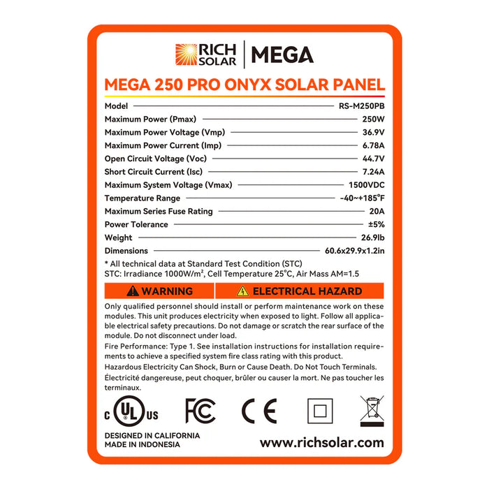 Rich Solar MEGA 250 PRO | 250 Watt 24 Volt Solar Panel | Premium 24V Off-Grid Solar Panel for Campers, Tiny Homes, Cabins | 25-Year Output Warranty | UL Certified
