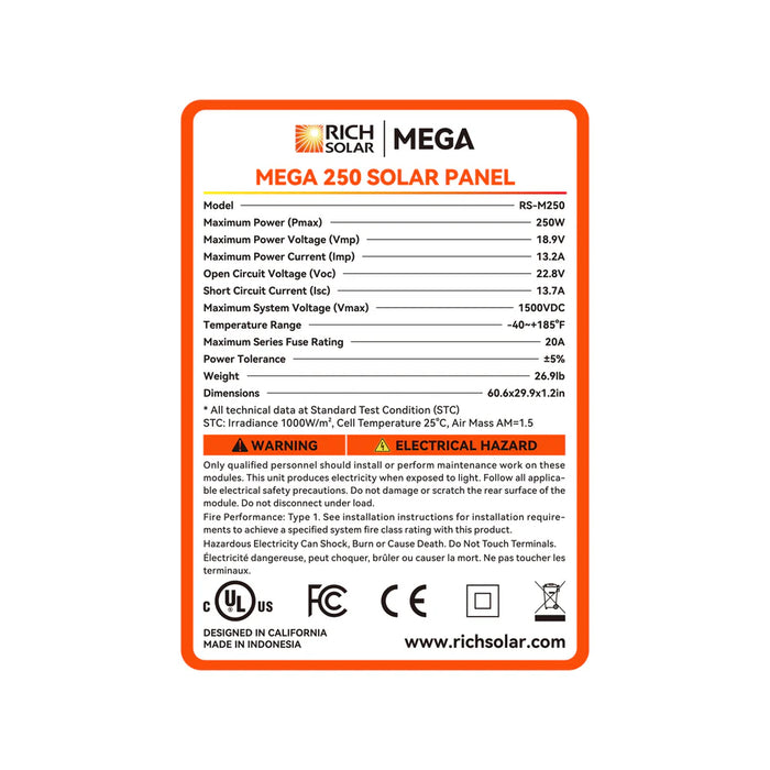 Rich Solar MEGA 250 | 250 Watt Solar Panel | Premier 12V Off-Grid Solar Panel for RVs, Vans, Boats | 25-Year Output Warranty | UL Certified